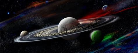 Planet Mit Ringen Und Satelliten Stock Abbildung Illustration Von