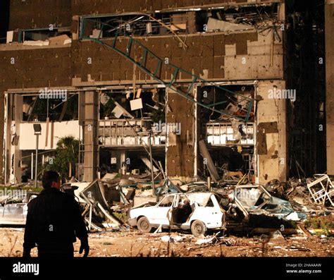 Demolished car and building after terror attack and bomb explosion on ...