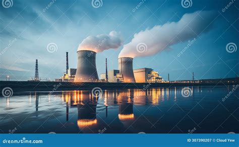 Nuclear Power Plant At Night With Shining Lights Stock Image Image Of