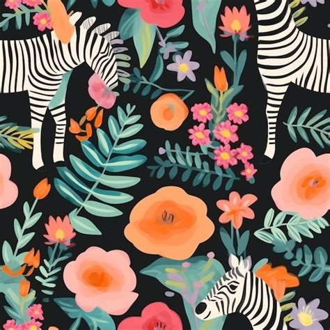 Premium AI Image A Black Background With Zebras And Flowers