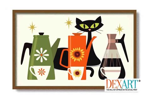 Atomic Cat Art Prints Mid Century Modern Kitchen Art Coffee Etsy In