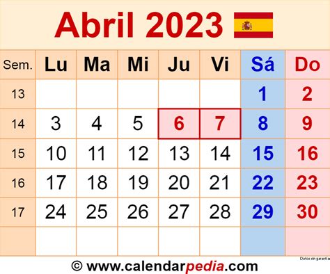 Calendario Abril 2023 En Word Excel Y Pdf Calendarpedia