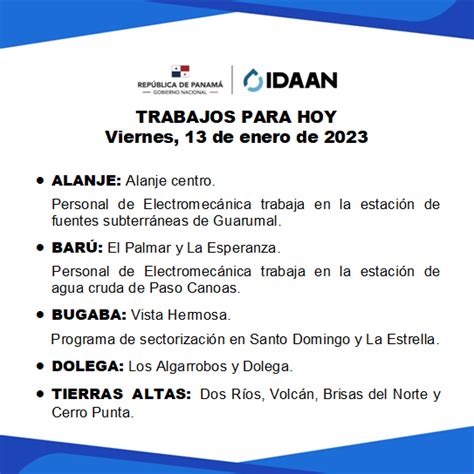 IDAAN on Twitter Chiriquí Trabajos para hoy viernes 13 de enero de