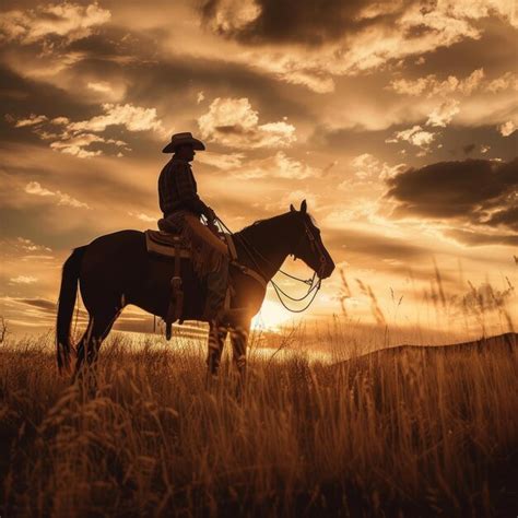 Silhueta De Um Cowboy A Cavalo Contra Um P R Do Sol Impressionante