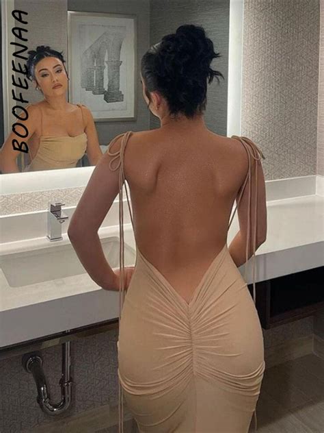 Boofeenaa Ruched Backless Bodycon Maxi Dress Elegant Sexy Cocktail