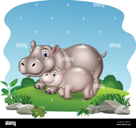 Cartoon mother and baby hippo in the jungle Stock Vector Image & Art ...