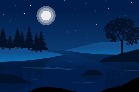 Paisaje Nocturno Con Lago Y Bosque Ilustraci N Vectorial Vector Premium