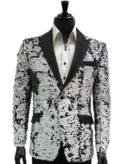 Men Black White Sequin Shimmer Pattern Satin Lapel Trendy Fun Slim Fit