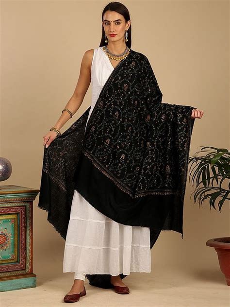 Moonless Night All Over Hand Embroidered Pure Wool Sozni Shawl With