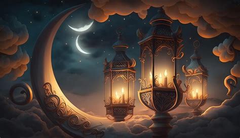 Ilustración islámica de una luna creciente y nubes realistas con