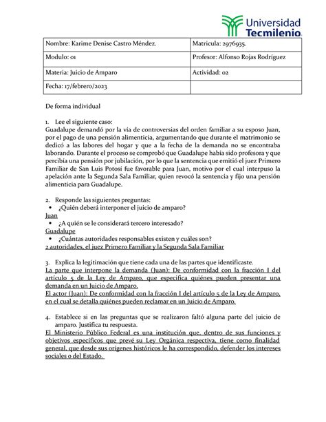 Juicio De Amparo Actividad Nombre Karime Denise Castro M Ndez