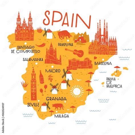 Decorative map of Spain with traditional white windmills and cathedrals. Tourist attractions of ...