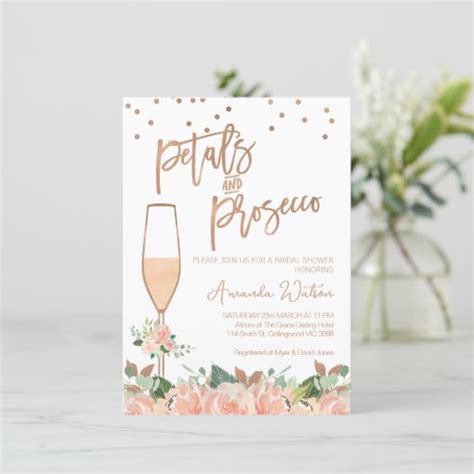 Rose Gold Floral Petals Prosecco Bridal Shower Invitation Zazzle