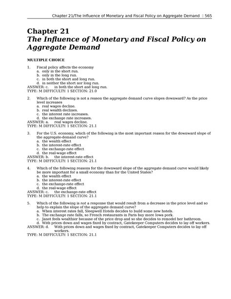 Chapter Mul Choices Chapter The Influence Of Monetary And