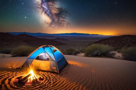 Premium AI Image | Starry Night Sky over Desert Campsite with Fire