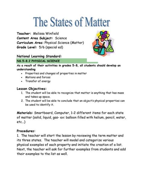 The States Of Matter Lesson Plan Pdf