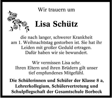 Traueranzeigen von Lisa Schütz Trauer in NRW de