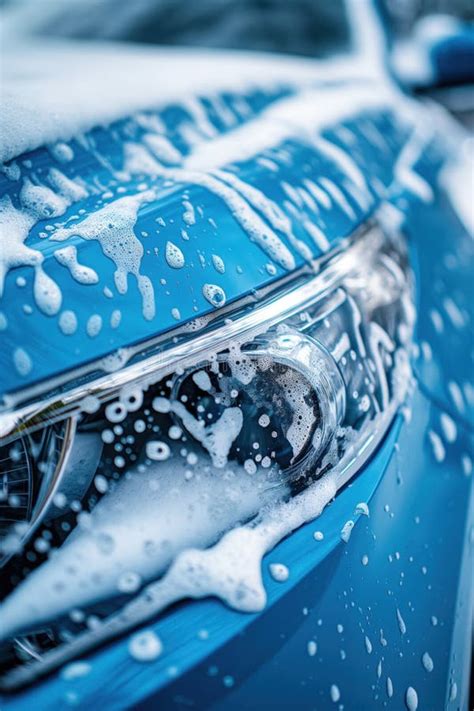 Blue Car Cleaning Foam Soap Close Up Car Wash Detailing Shows Textured