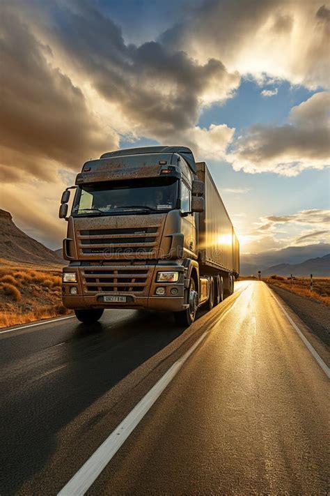 A Large Semi Truck Driving Down A Desert Road At Sunset European Truck