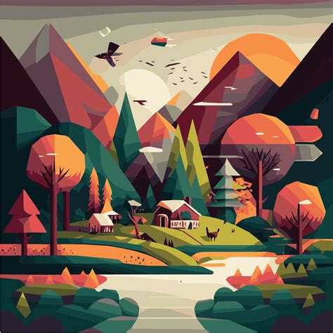 nature flat landscape illustration  funky cartoon style colorful