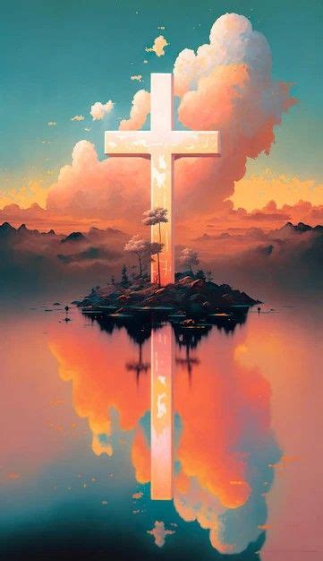 A Cross On Top Of A Small Island In The Middle Of Water With Clouds