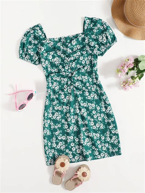 Girls Floral Print Puff Sleeve Fitted Dress Shein Usa