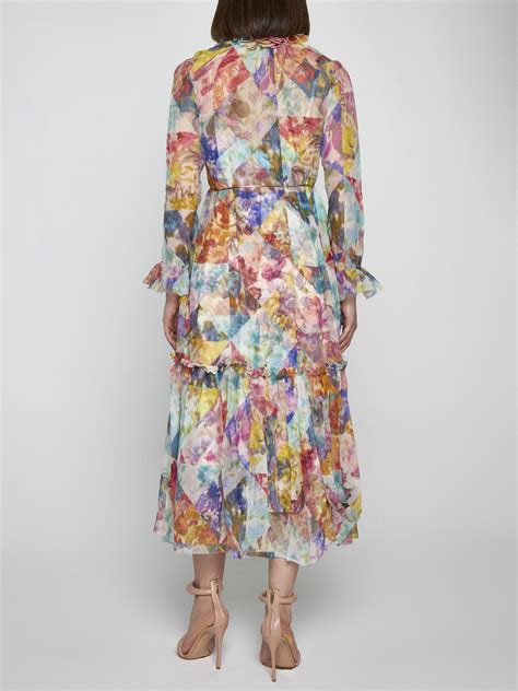 Zimmermann High Tide Floral Print Silk Chiffon Midi Dress In Ikat Patch