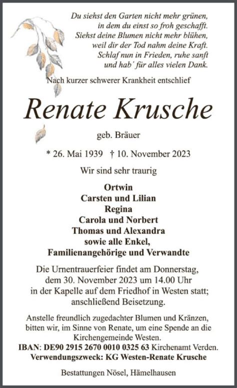 Traueranzeigen Von Renate Krusche Trauer Kreiszeitung De