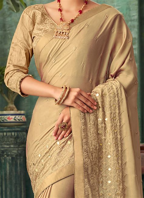 Buy Beige Embroidered Georgette Saree Embroidered Sari Online