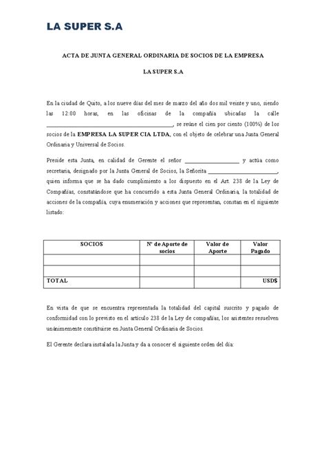 Acta De Junta General Ordinaria De Socios Acta De Junta General