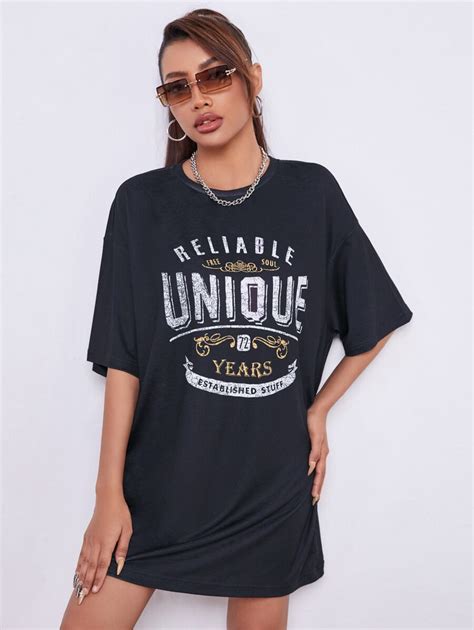 Drop Shoulder Letter Graphic Longline Dress Shein Usa