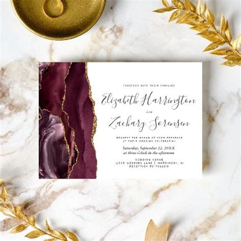 Modern Burgundy Gold Agate Wedding Invitation Zazzle