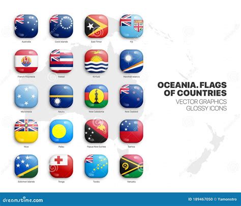 Oceania Countries Flags Vector D Glossy Icons Set Isolated On White