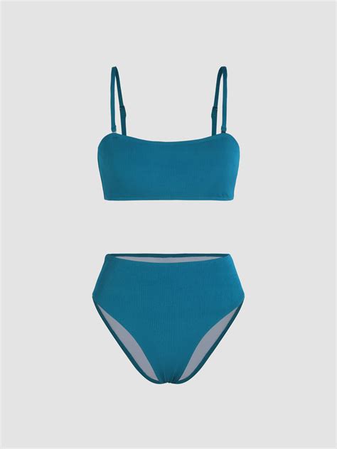 Rib Solid Square Neck Bikini Swimsuit Cider