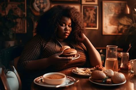 Premium AI Image Dark Skinned Plus Size Girl And A Lot Of Food Neural