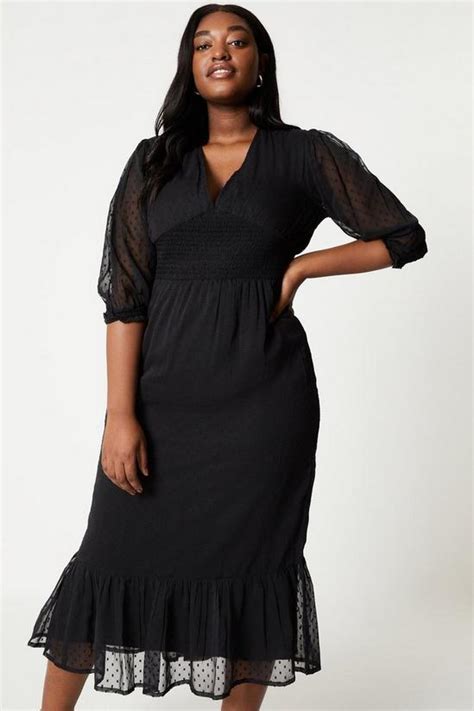 Dresses Curve Black Dobby Shirred Waist Midi Dress Dorothy Perkins