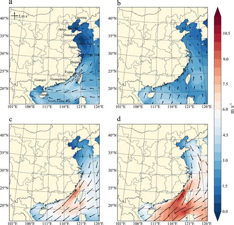 Satellite-based seasonal mean 10-m offshore wind in spring (a), summer ...