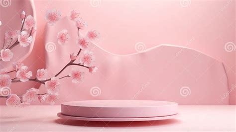 3d Render Of Pink Podium For Product Display With Cherry Blossom Generative Ai Stock