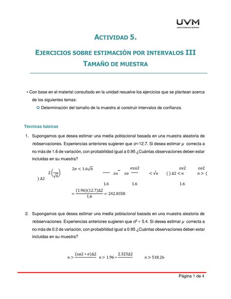 Act 5 Estadistica Actividad 5 Ejercicios Sobre EstimaciÓn Por Intervalos Iii TamaÑo De