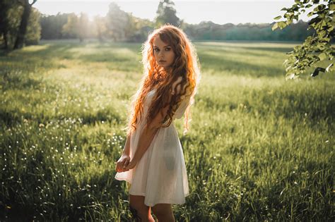 Wallpaper Redhead Women Outdoors Long Hair Dress See Through