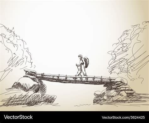 Bridge Crossing River With Trekking Woman Vector Image