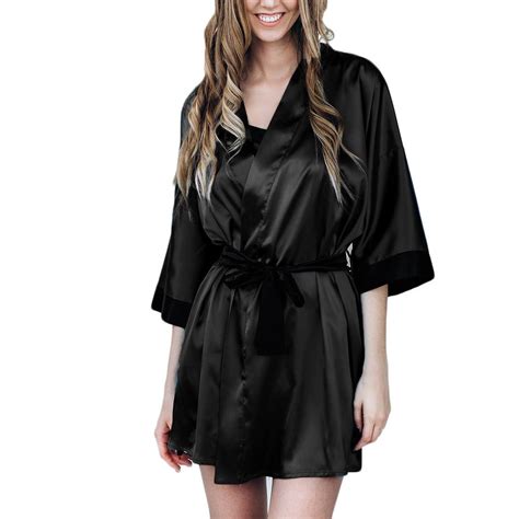 Penkiiy Simulated Silk Bathrobes For Women Women Sexy Black Silk Satin