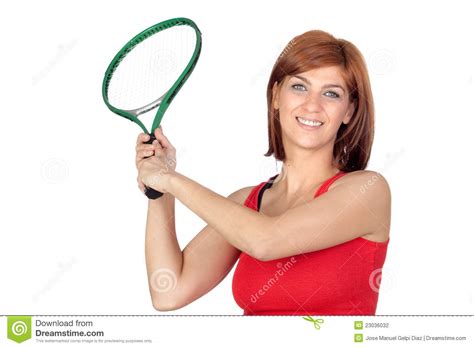 Belle Fille Rousse Avec Une Raquette De Tennis Photo Stock Image Du