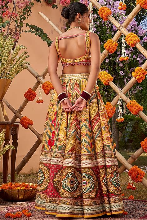 Multi Colored Raw Silk Sequins Embroidered And Printed Wedding Lehenga Set By Kalista At Pernia S