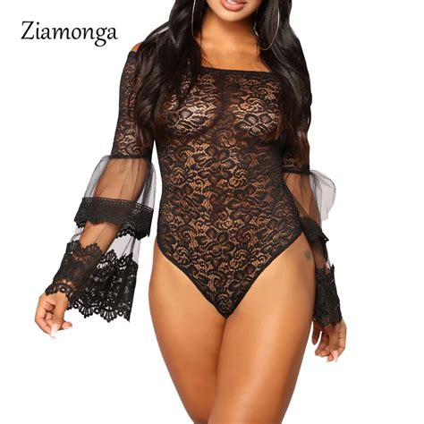 Ziamonga Black Lace Bodysuit Flare Long Sleeve O Neck Women Rompers