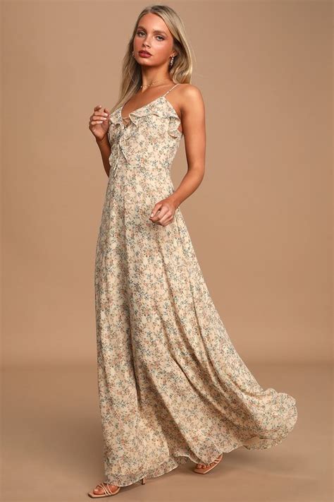 Cute Cream Floral Print Dress Ruffled Maxi Dress Lace Up Maxi Lulus