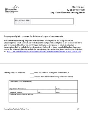 Fillable Online Mnhousing REFERRAL VERIFICATION Long Term Homeless