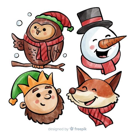 Colección adorable de personajes de navidad en acuarela Vector Gratis