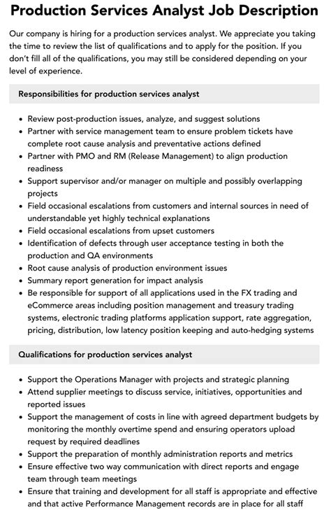 Production Services Analyst Job Description Velvet Jobs