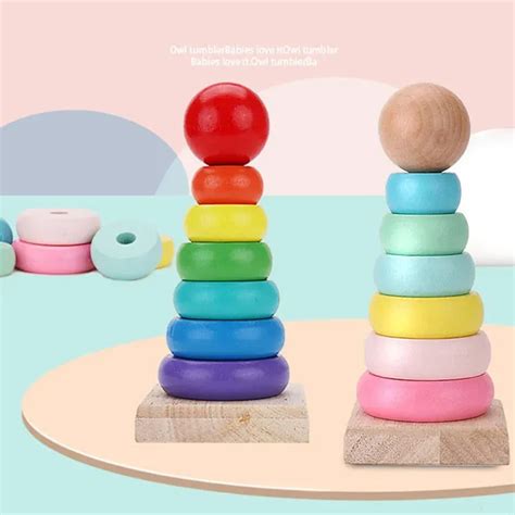 Wooden Rainbow Colorful Stacking Rings Tower Building Blocks Toys